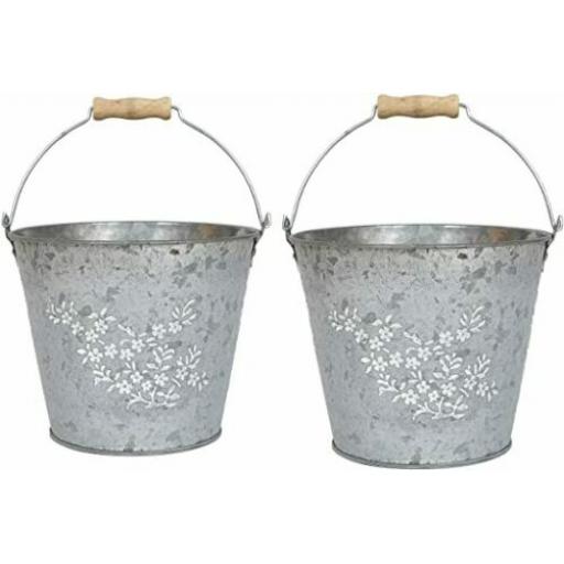 Tin Pail 15.5cm Floral Design Wood Handle. These come as a pair.